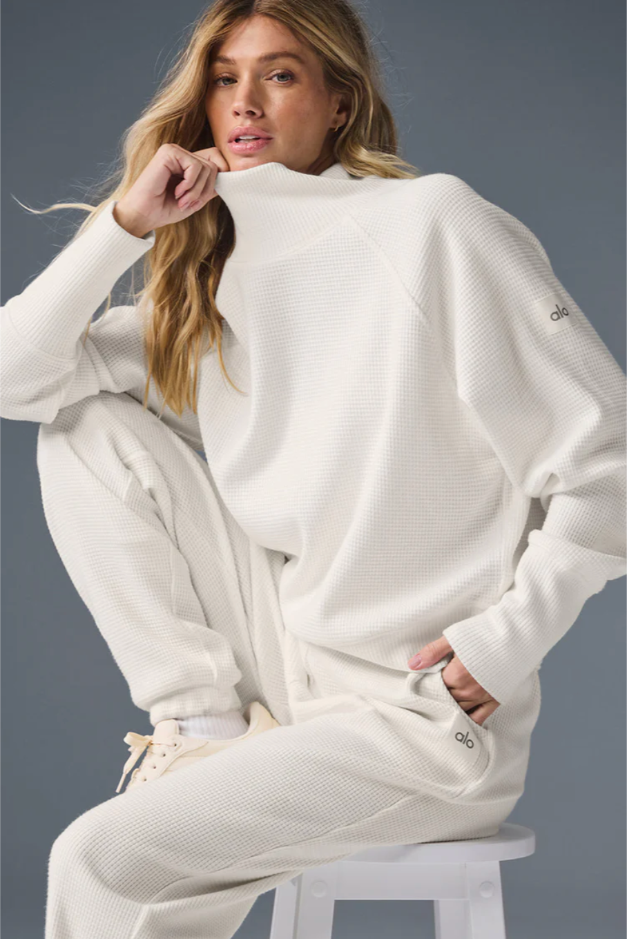 Waffle Weekend Escape Mock Neck Lange Mouw - Zwart/Wit