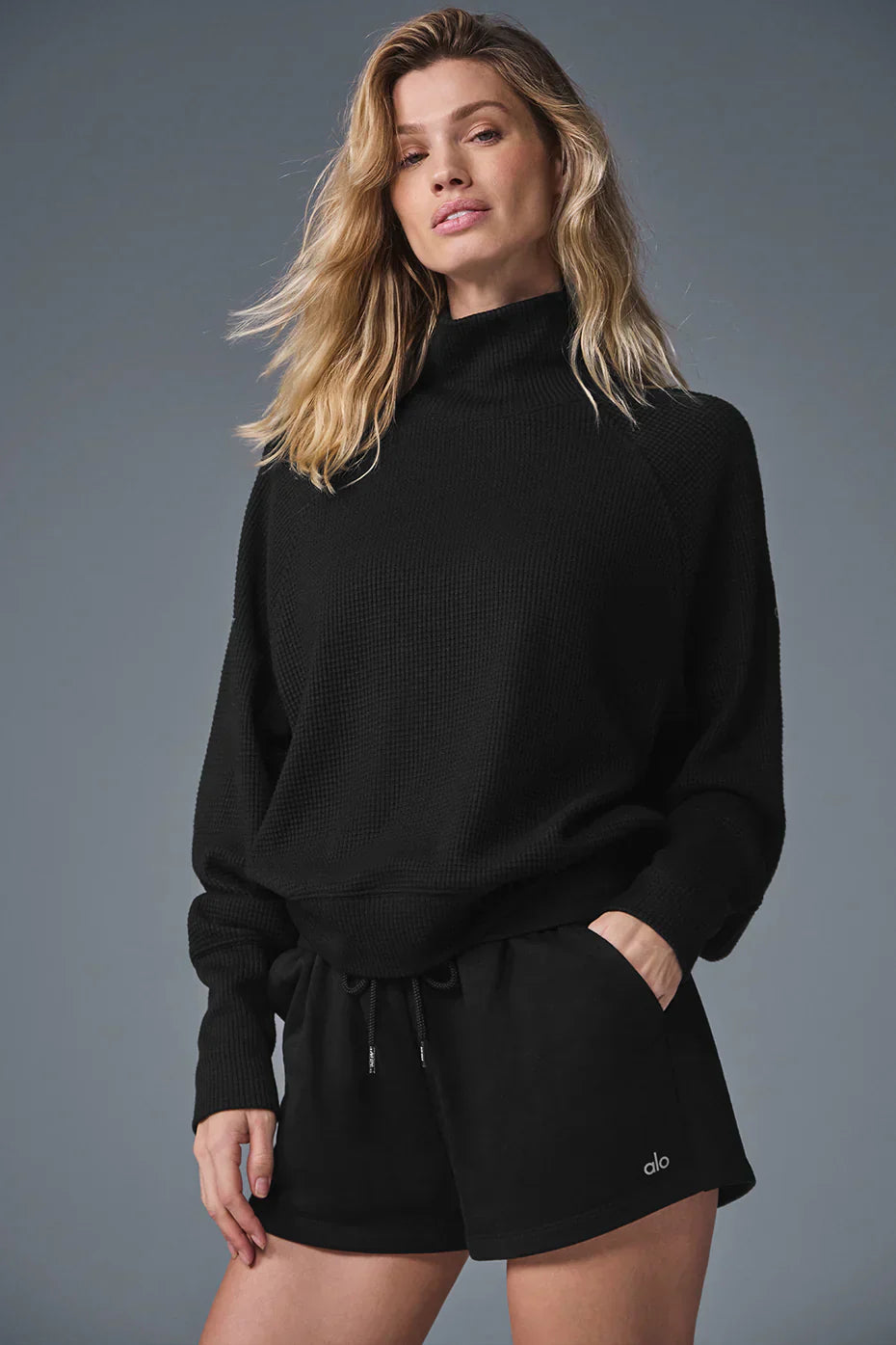 Waffle Weekend Escape Mock Neck Lange Mouw - Zwart/Wit