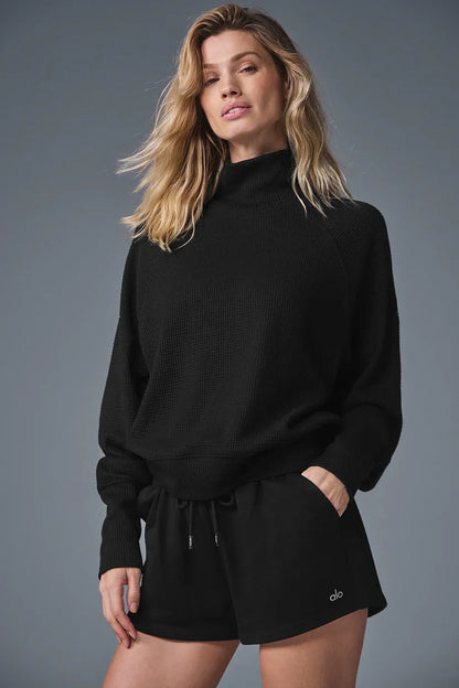 Waffle Weekend Escape Mock Neck Lange Mouw - Zwart/Wit